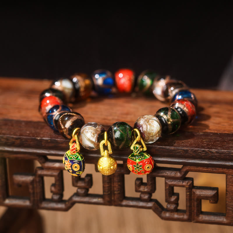 Pulsera de la suerte con cuentas de cristal Liuli, Buddha Stones, cinco elementos, oro, bestia tragadora, familia - Familia de bestias tragadoras de cuentas de vidrio y aleación de oro de Liuli - 14 mm (15 cuentas) - image 8