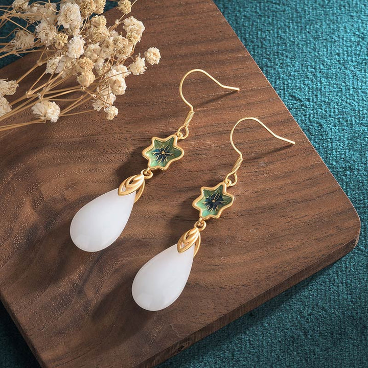 Pendientes colgantes de la suerte de jade blanco FengShui con Buddha Stones