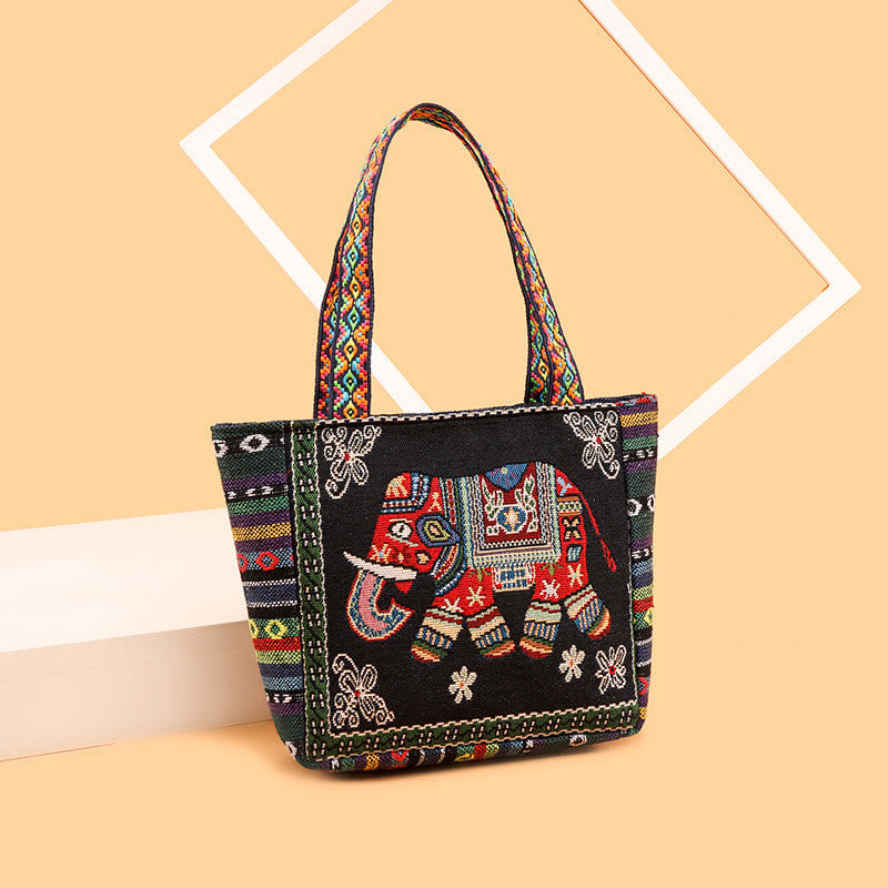 Bolso bandolera de lona de gran capacidad con bordado de mariposa y elefante