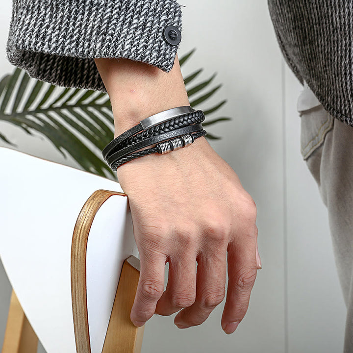 Pulsera con hebilla magnética trenzada con equilibrio de acero y titanio multicapa de cuero con Buddha Stones