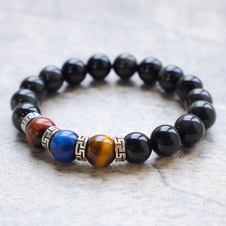 Pulsera de fuerza de ojo de tigre tricolor de obsidiana negra natural
