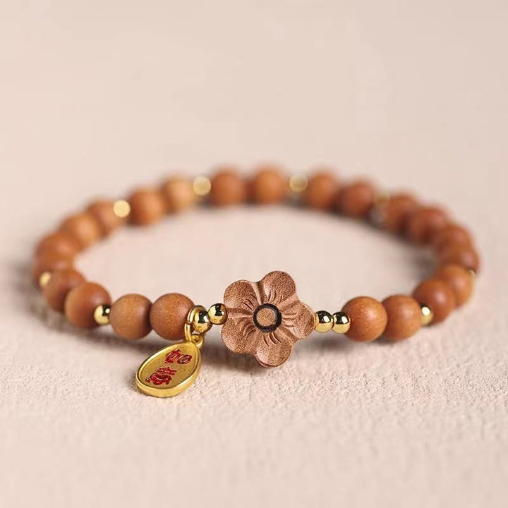 Buddha Stones Sándalo Natural Flor de Melocotón Hoja Pequeña Sándalo Rojo Ruyi Charm Pulsera de Protección