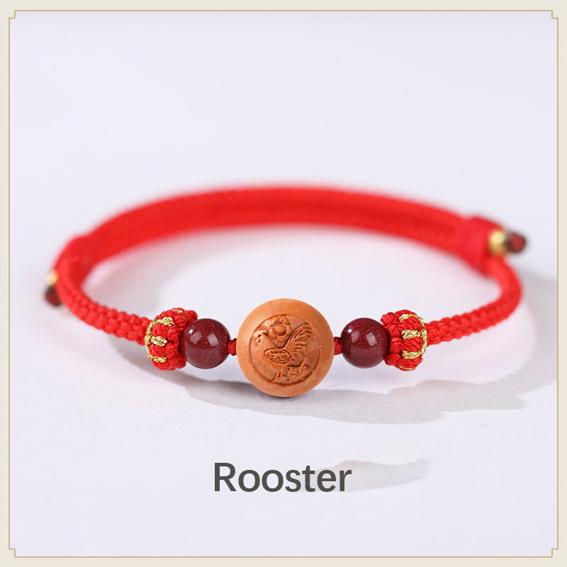Pulsera de riqueza de cinabrio tallada con carácter del zodíaco chino, madera de melocotón Natural, Buddha Stones - Gallo-Rojo (Circunferencia de la muñeca 14-18 cm) - image 8