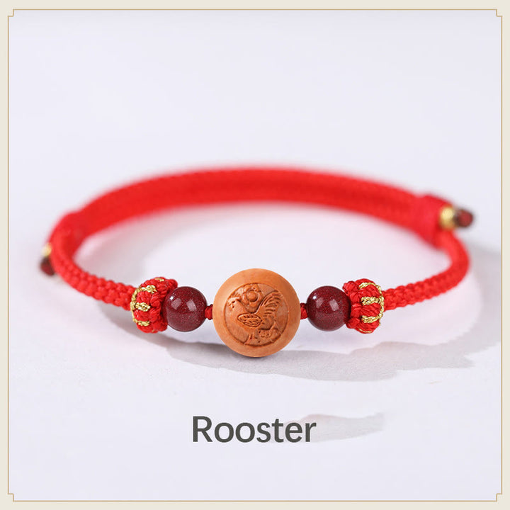 Pulsera de riqueza de cinabrio tallada con carácter del zodíaco chino, madera de melocotón Natural, Buddha Stones - Gallo-Rojo (Circunferencia de la muñeca 14-18 cm) - image 8