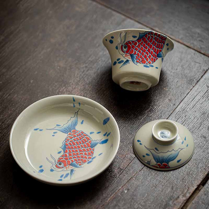 Buddha Stones Koi Arowana cerámica Gaiwan Sancai taza de té Kung Fu con tapa 130ml