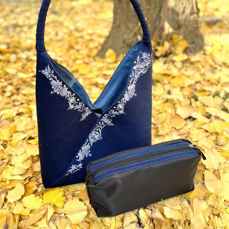Conjunto de bolso de hombro de lona con patrón de bordado hecho a mano con Buddha Stones