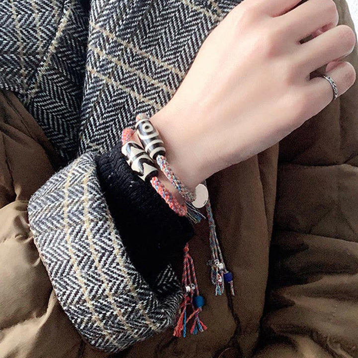 Pulsera trenzada de protección de cuentas Dzi hecha a mano Om Mani Padme Hum de plata de ley 925 tibetana