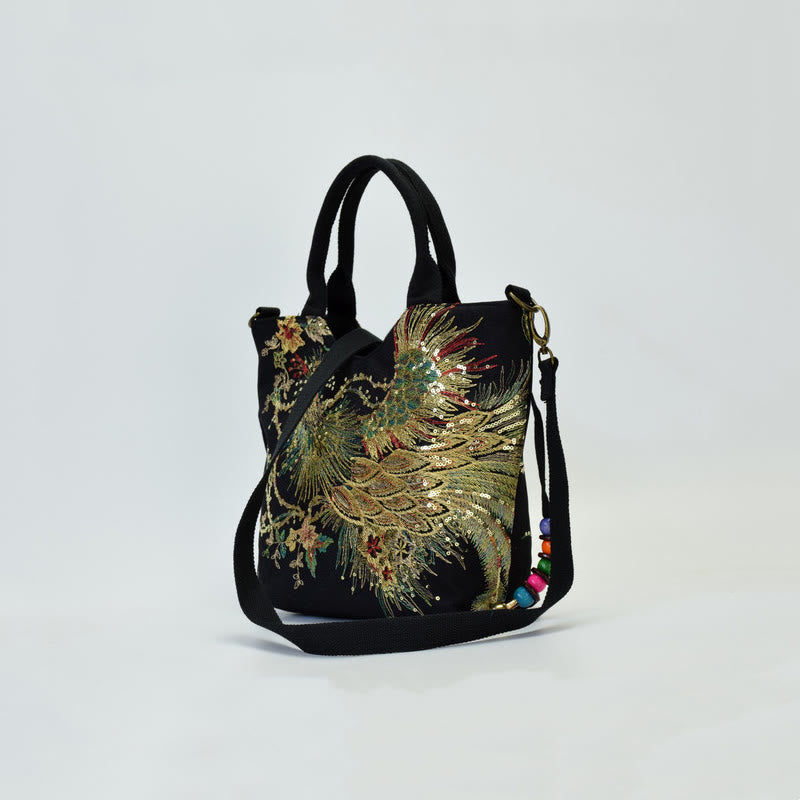 Bolso de mano con bordado de doble cara de pavo real con Buddha Stones, bolso bandolera