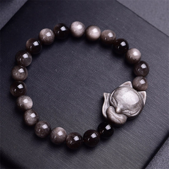 Pulsera de protección de zorro de obsidiana brillante de plata natural con Buddha Stones
