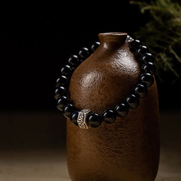 Pulsera de fuerza de piedra lunar de obsidiana negra de plata de ley 925 con Buda natal del zodíaco chino