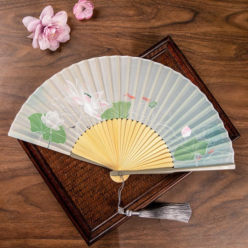 Abanico plegable de bambú de mano con flores de loto jazmín y Buddha Stones