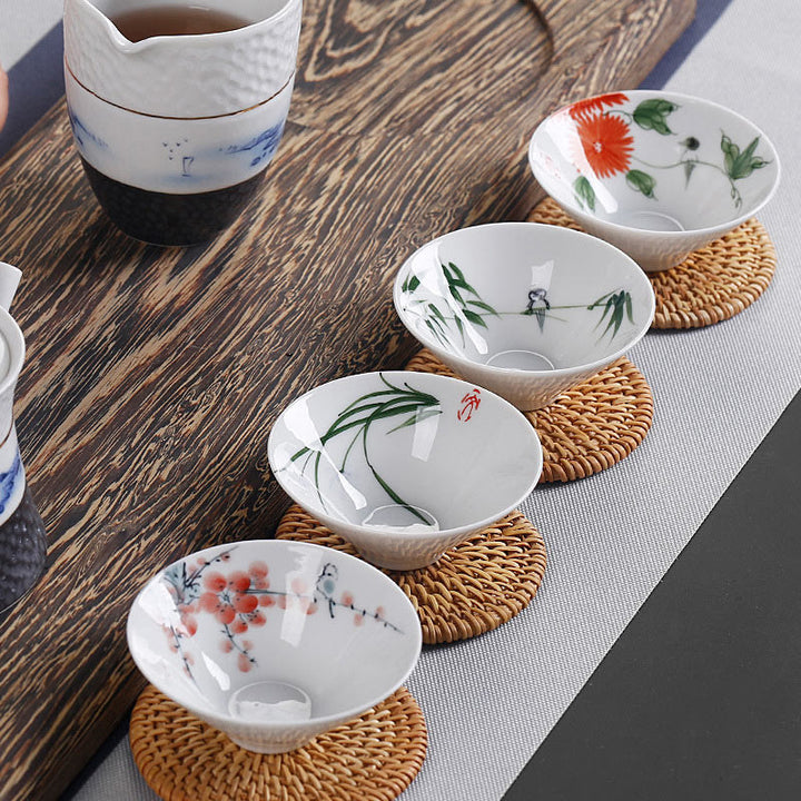 Buddha Stones Vintage ciruela orquídea bambú crisantemo loto pez Koi taza de té de cerámica tazas de té Kung Fu