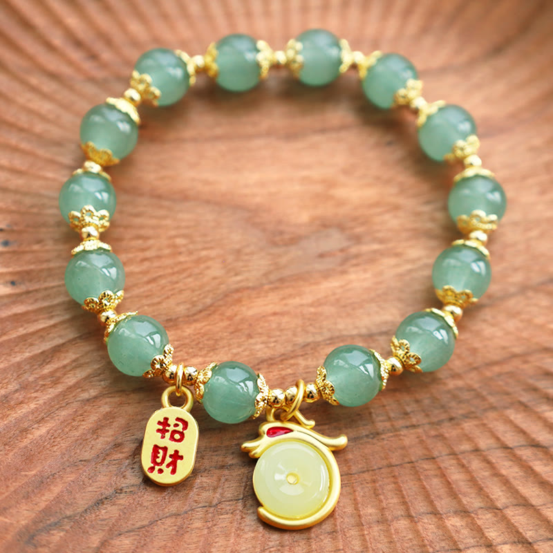 Buddha Stones Año del Dragón Ágata Roja Aventurina Verde Hebilla de la Paz Personaje Fu Pulsera de la Fortuna de la Suerte