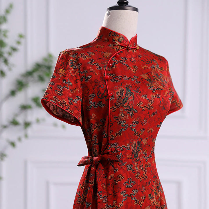 Vestido Cheongsam con estampado de hojas y nubes propicias vintage de Buddha Stones vestido Qipao para mujer