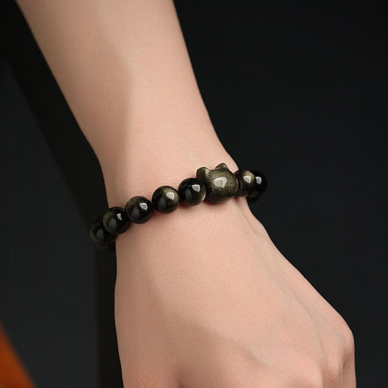Buddha Stones Obsidiana con brillo dorado Obsidiana con brillo plateado Pata encantadora Pulsera de protección del gato de la suerte - image 12