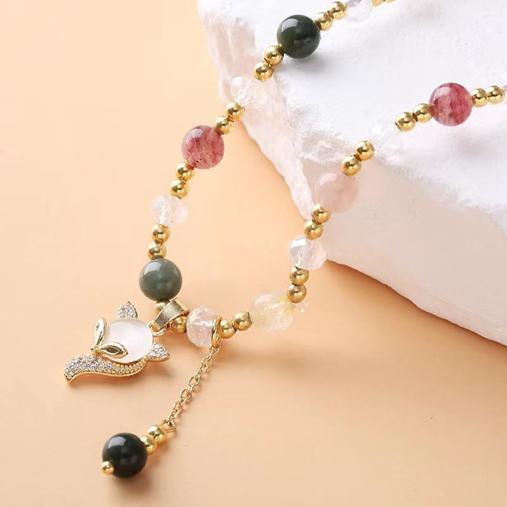 Pulsera de doble vuelta con protección de zorro de cuarzo rutilado multicolor con Buddha Stones