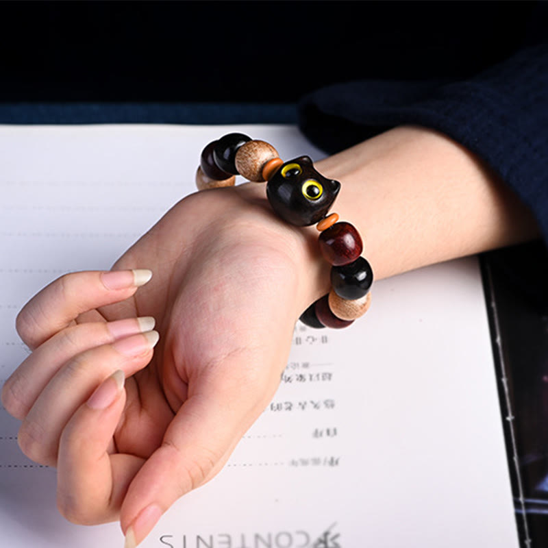 Pulsera de protección con grabado de gato lindo de madera de ébano de sándalo rojo de hoja pequeña con Buddha Stones - image 7