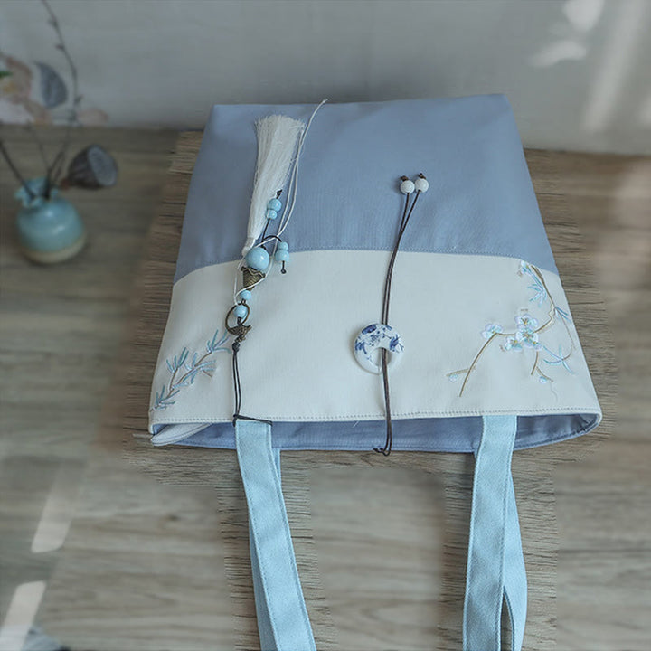 Bolso de hombro de gran capacidad con bordado de bambú, flor de pera, ciruelo, flor de melocotón, bolso de mano