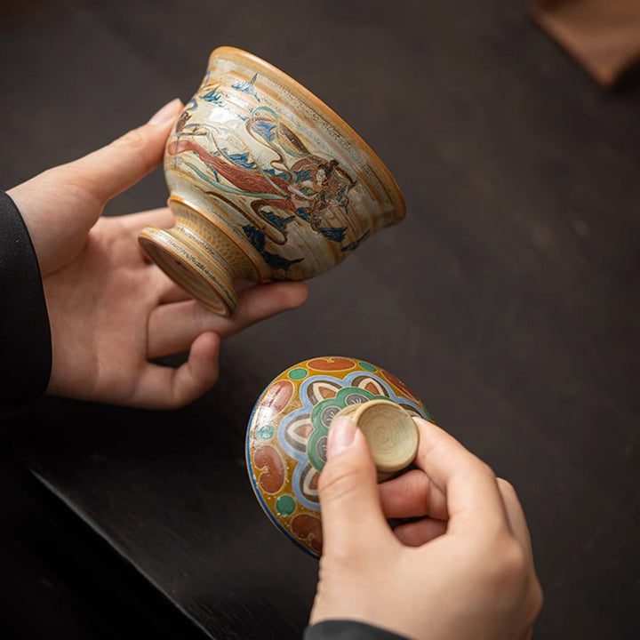 Taza de té de cerámica Gaiwan Sancai de Dunhuang Flying Apsaras con Buddha Stones, taza de té de Kung Fu con tapa