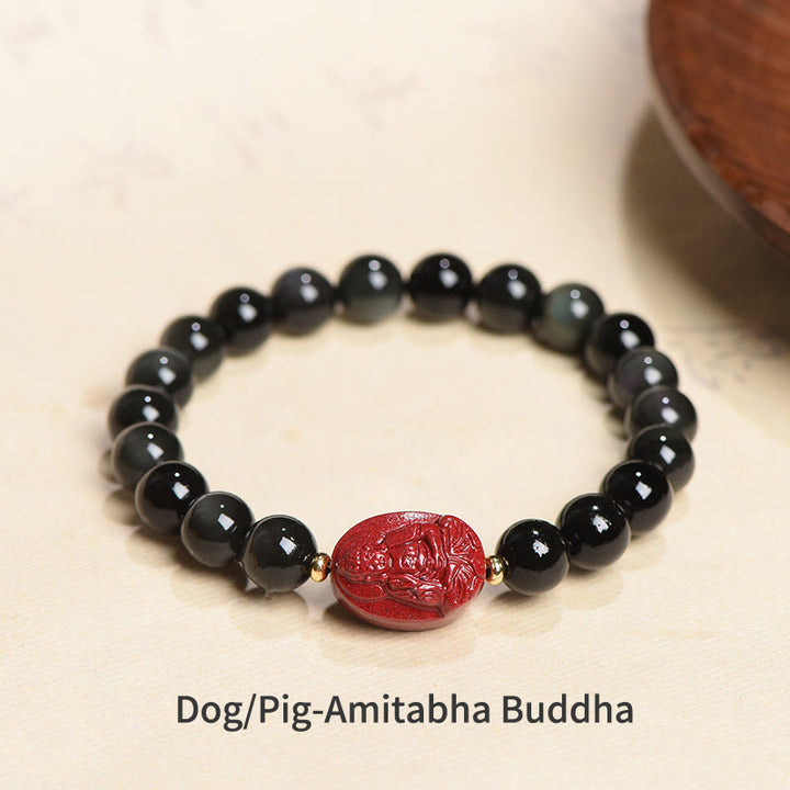 Pulsera de purificación de cinabrio de obsidiana negra Natural de Buda natal del zodiaco chino con Buddha Stones