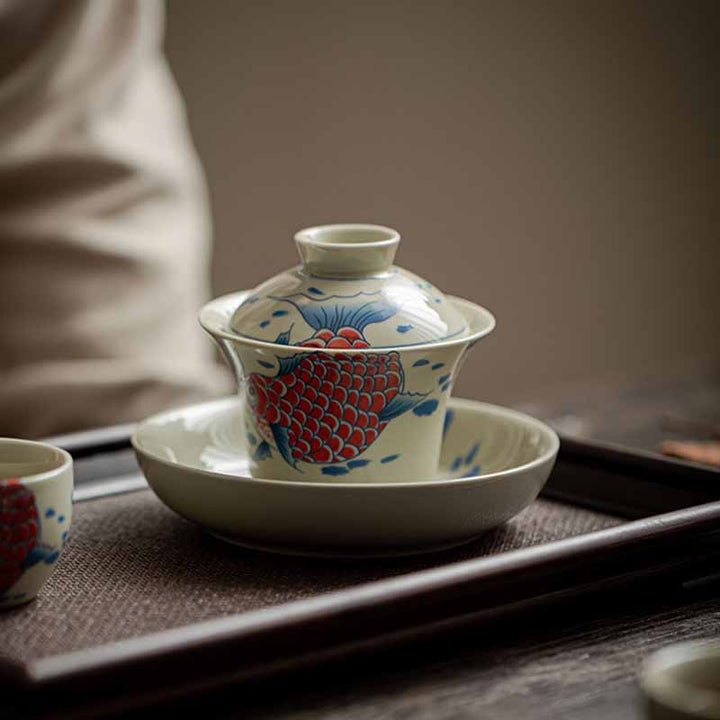 Buddha Stones Koi Arowana cerámica Gaiwan Sancai taza de té Kung Fu con tapa 130ml