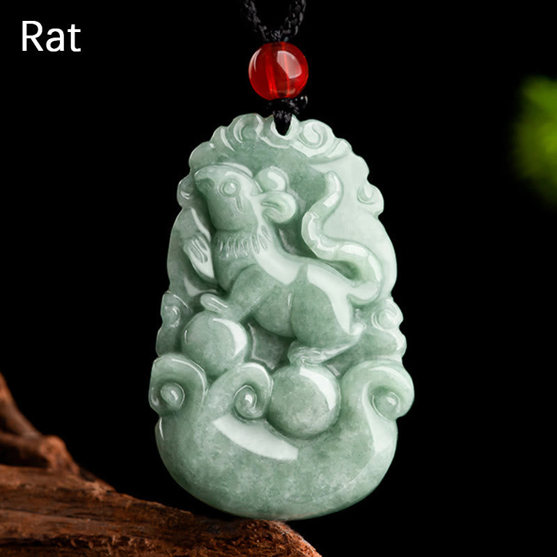 Buddha Stones Jade verde natural 12 Zodíaco chino Suerte Prosperidad Collar Colgante - Rata - image 1