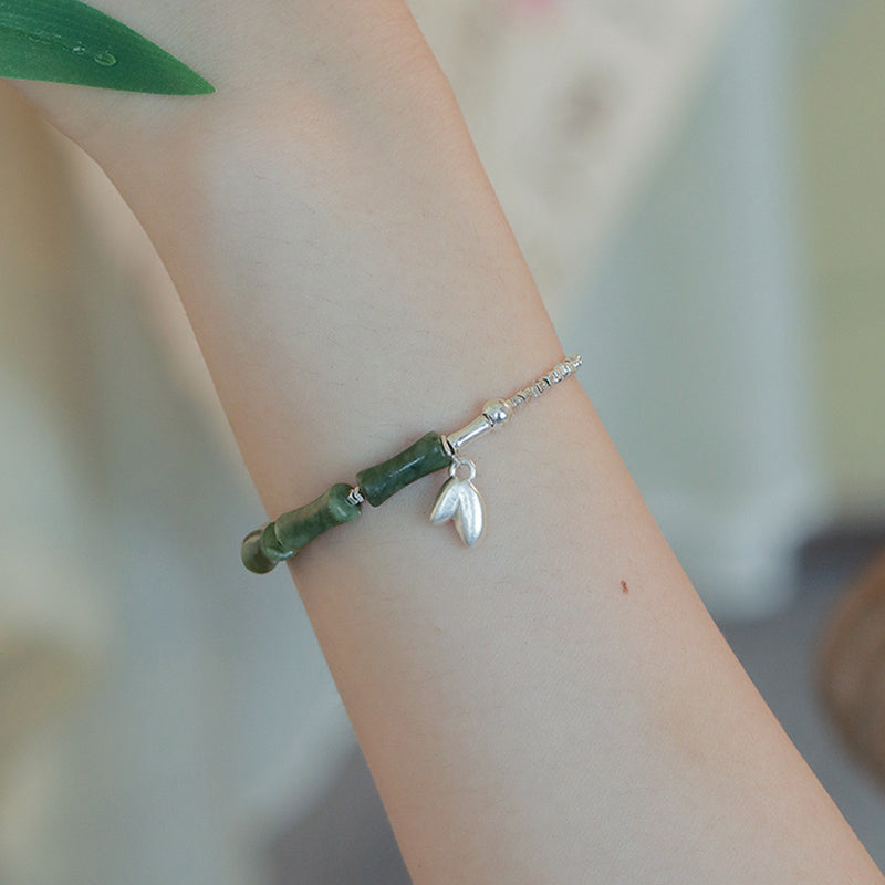 Pulsera de la suerte con patrón de bambú y peridoto de plata de ley 925 con Buddha Stones