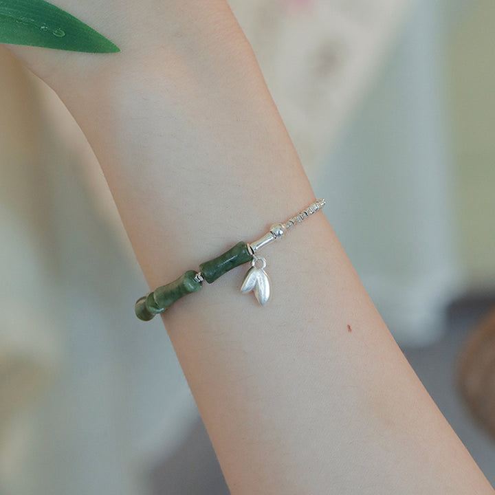 Pulsera de la suerte con patrón de bambú y peridoto de plata de ley 925 con Buddha Stones