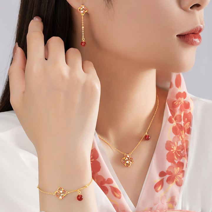 Juego de pendientes y collar con colgante de trébol de cuatro hojas, Plata de Ley 925, Buddha Stones , ágata roja, perla, riqueza