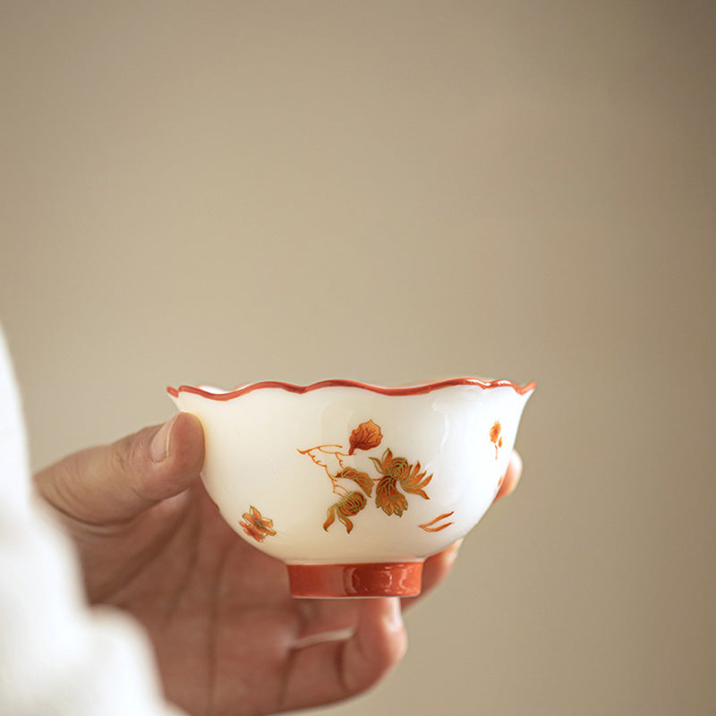 Taza de té y platillo con tapa, Gaiwan Sancai de cerámica, flores de porcelana blanca, Buddha Stones, Kung Fu