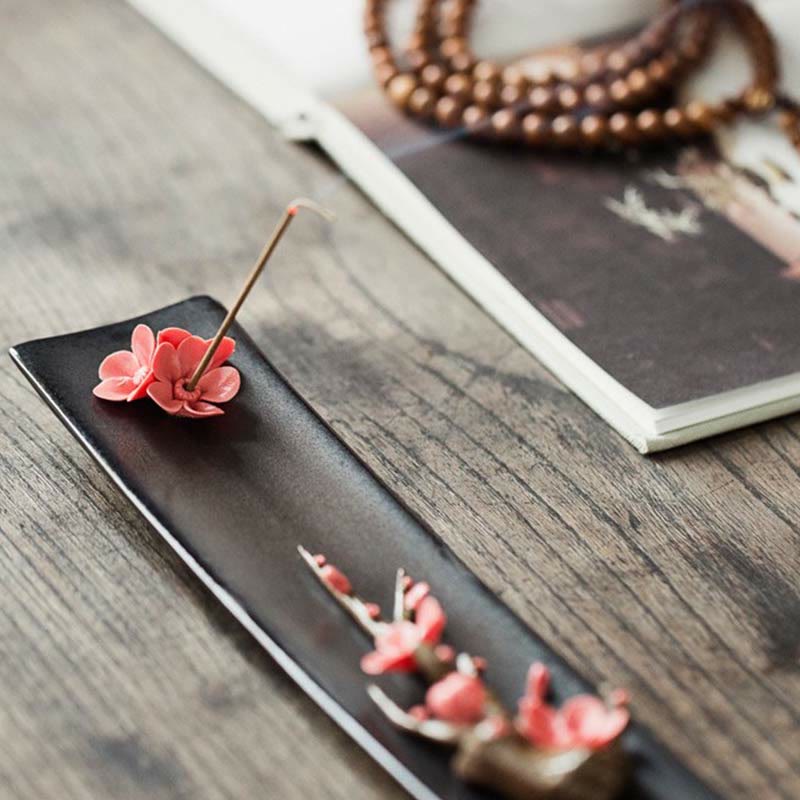 Quemador de incienso espiritual de cerámica con flor de rosa y peonía de loto