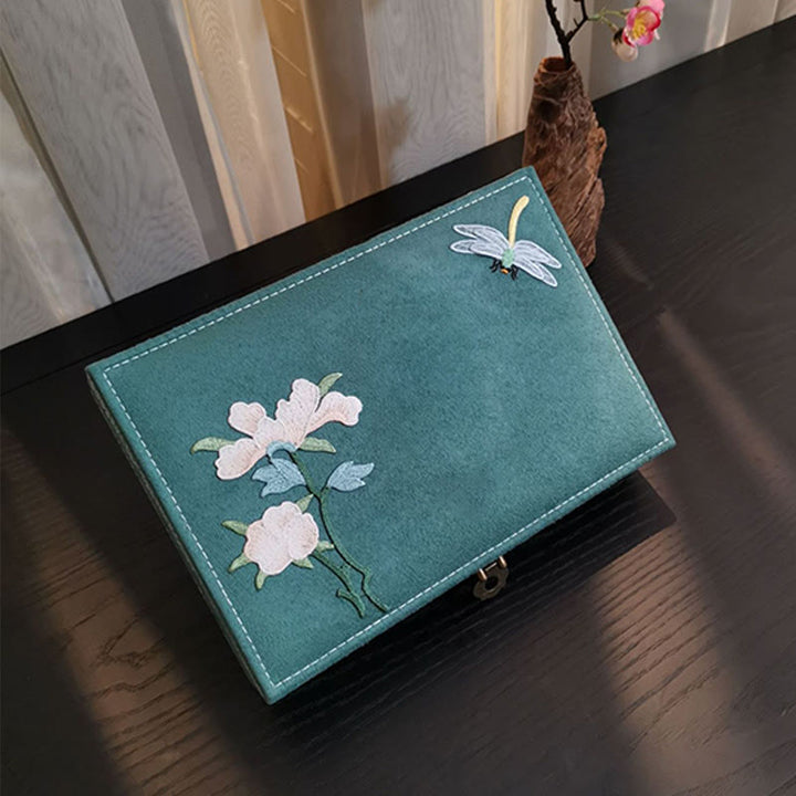 Caja organizadora de joyería con Buddha Stones , flores y libélula, caja de almacenamiento de joyería de una sola capa, caja de franela