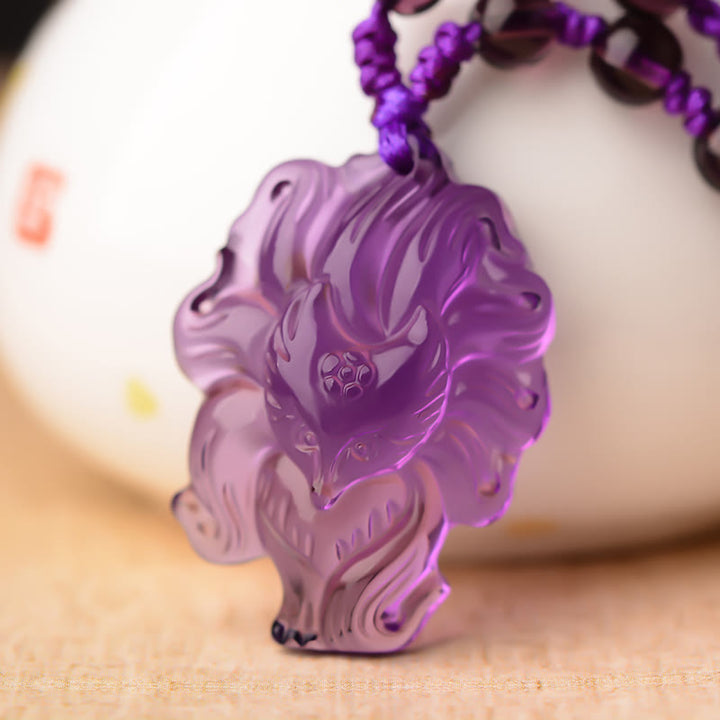 Buddha Stones, amatista Natural, cristal blanco, citrino, colgante de collar de la suerte de zorro de nueve colas