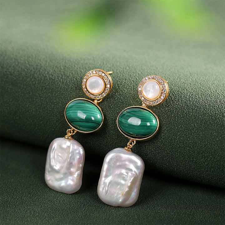 Pendientes colgantes de sabiduría curativa de malaquita, Perla Barroca Natural de Plata de Ley 925 con Buddha Stones
