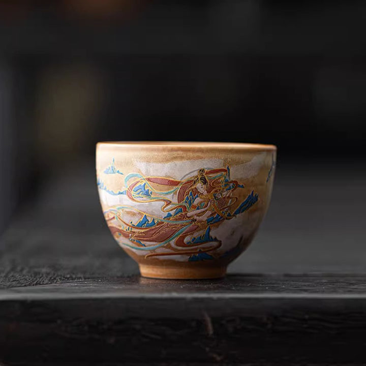 Taza de té de cerámica Gaiwan Sancai de Dunhuang Flying Apsaras con Buddha Stones, taza de té de Kung Fu con tapa