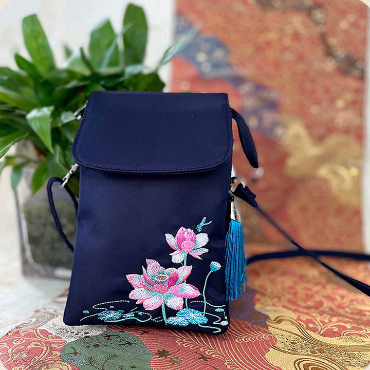 Buddha Stones, resistente al agua, hecho a mano, bordado, flores de loto, bolso de hombro, bolso para teléfono móvil