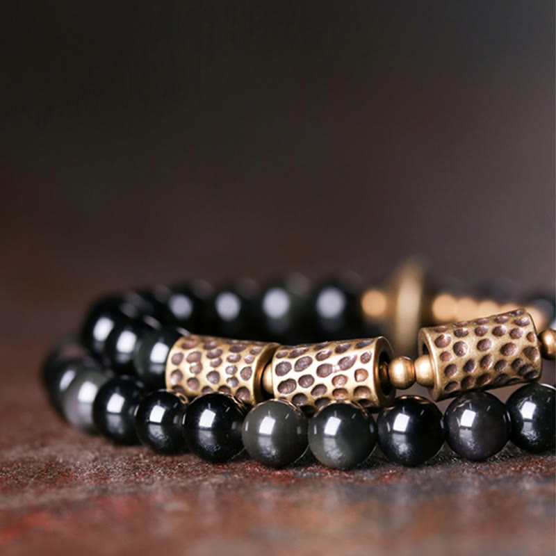 Pulsera de doble vuelta de cobre y obsidiana arcoíris con Buddha Stones
