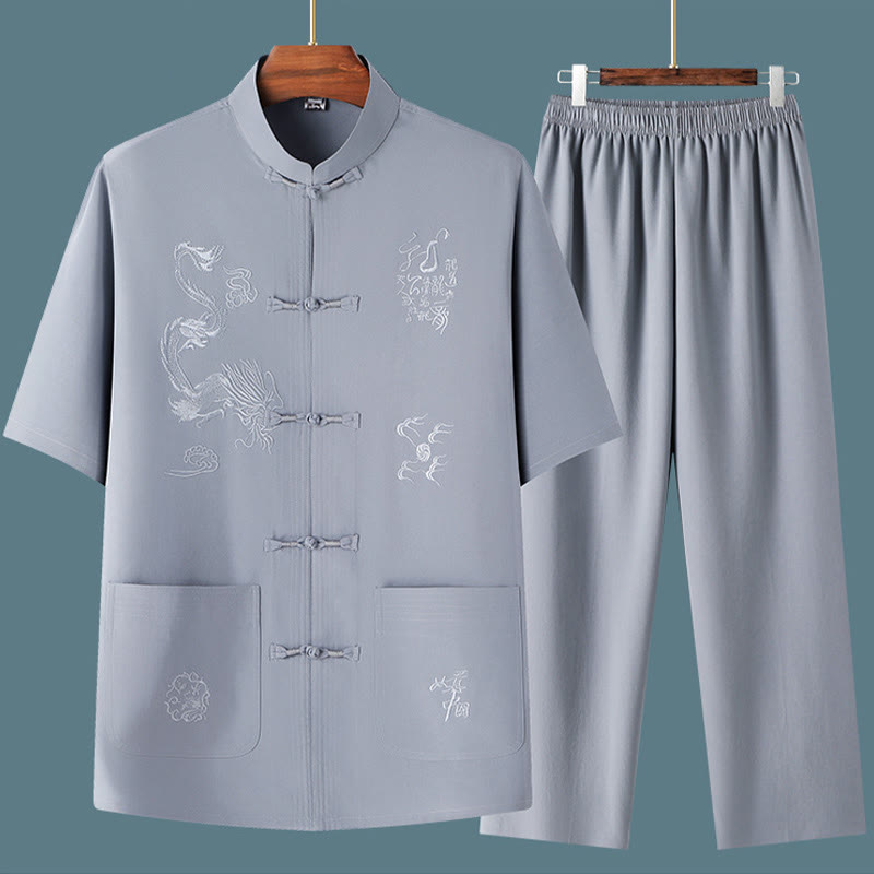 Traje Tang de Buddha Stones Hanfu dragón chino uniforme de kungfú tradicional camisetas y pantalones de manga corta conjunto de ropa para hombre