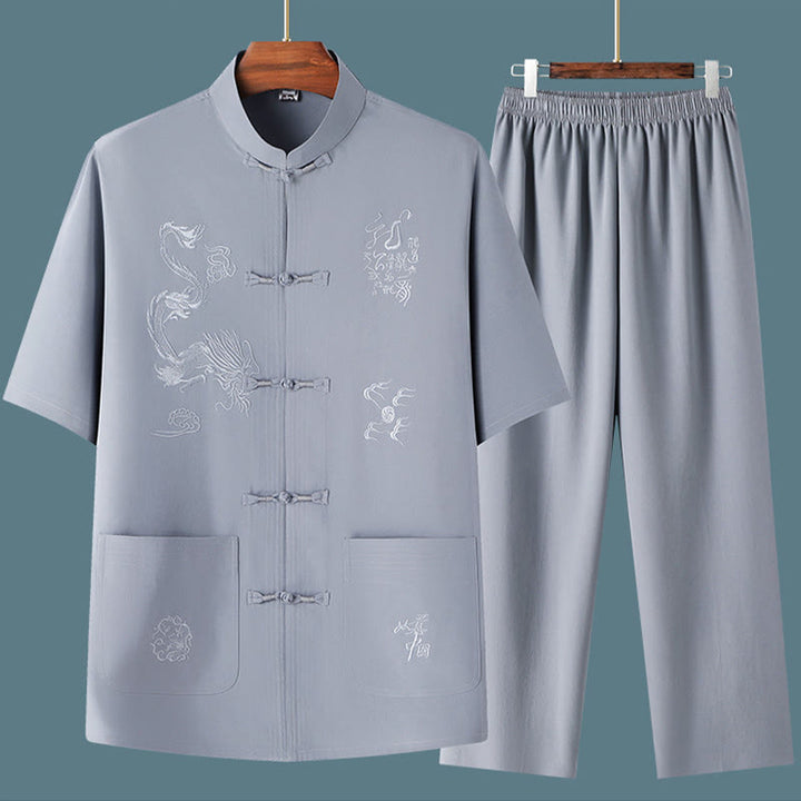 Traje Tang de Buddha Stones Hanfu dragón chino uniforme de kungfú tradicional camisetas y pantalones de manga corta conjunto de ropa para hombre
