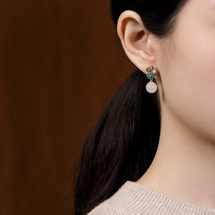 Buddha Stones Jade blanco Plata de ley 925 Perla Flor Bendición Collar Colgante Anillo Pendientes