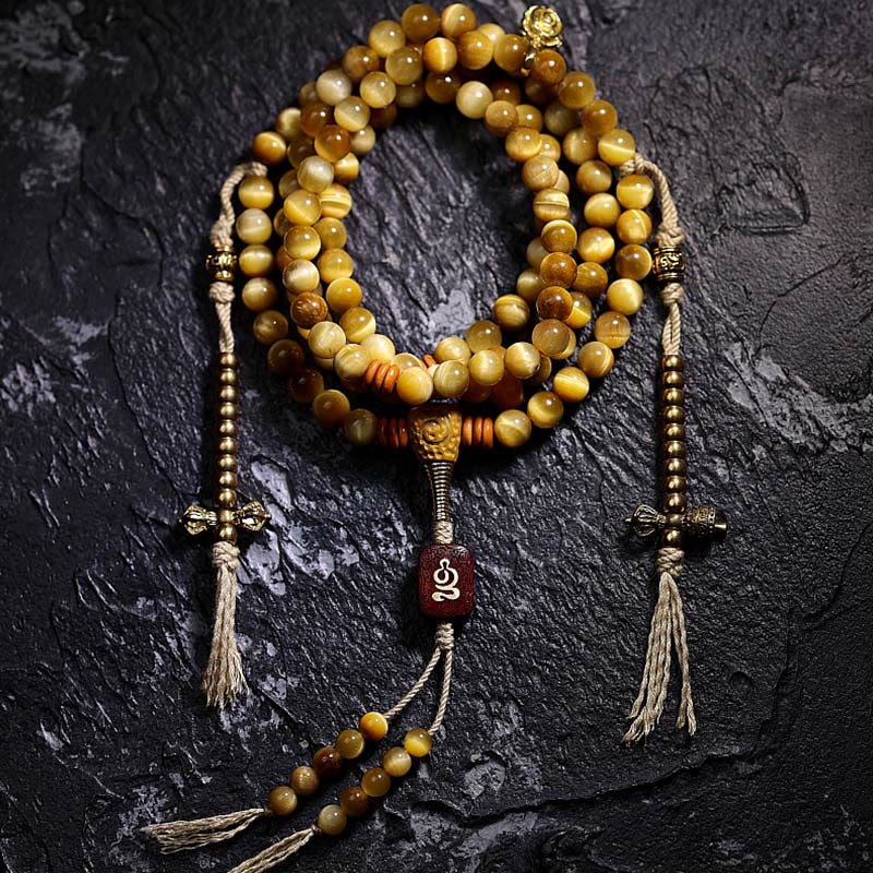 Pulsera con borlas de protección Dorje de cobre y ojo de tigre Natural, 108 cuentas de Mala , Buddha Stones