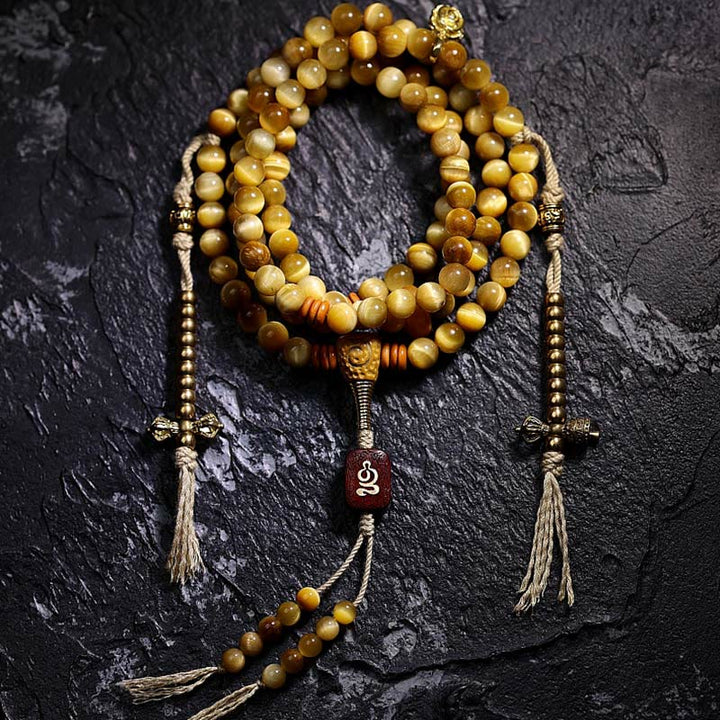 Pulsera con borlas de protección Dorje de cobre y ojo de tigre Natural, 108 cuentas de Mala , Buddha Stones