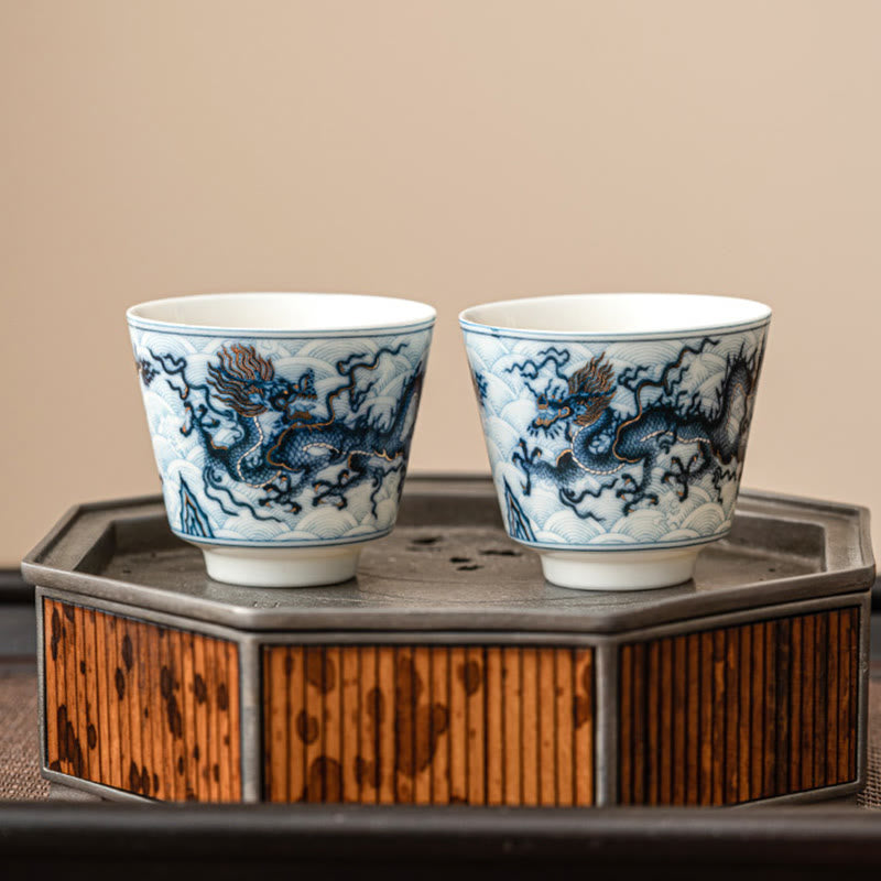 Tazas de té de cerámica con diseño de dragón blanco y azul pequeño de Buddha Stones, tazas de té de Kung Fu de 45ml