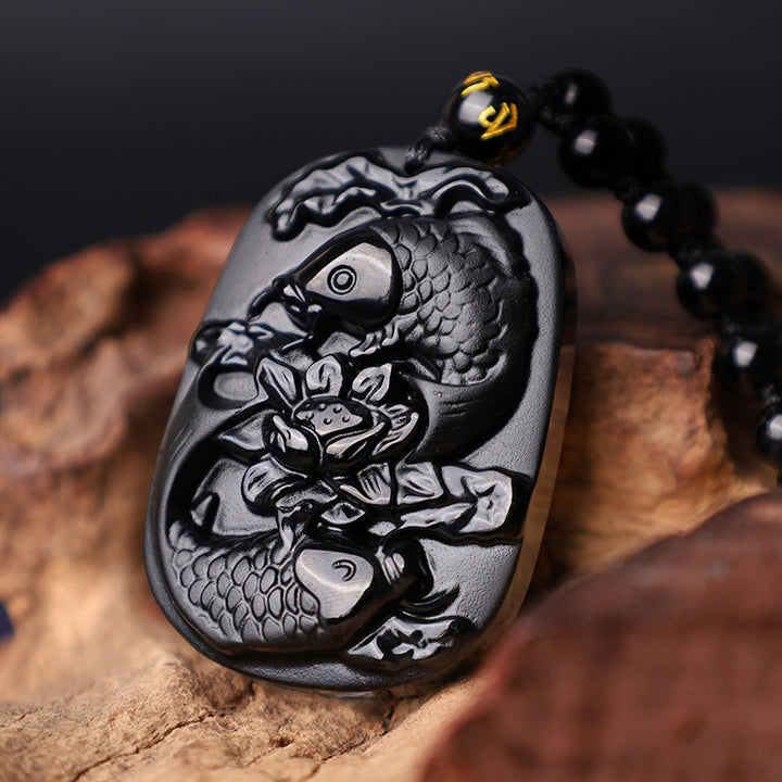 Colgante de collar con cuentas de fuerza de loto de pez Koi de obsidiana negra natural con Buddha Stones