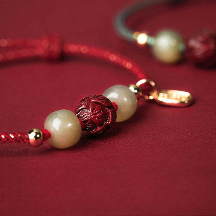 Pulsera de cuerda hecha a mano con Buddha Stones chapadas en oro de 14 quilates, jade hetiano, cinabrio, suerte de loto - image 3