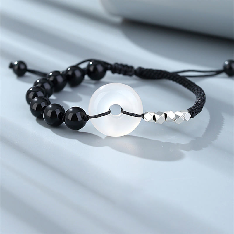 Pulsera de fuerza con hebilla de paz de ágata de obsidiana negra de plata de ley 925 con Buddha Stones