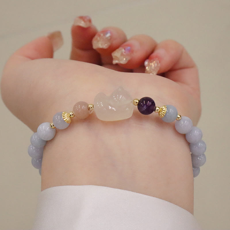 Pulsera con dije de gato, calabaza, conejo, calcedonia, aguamarina natural , Buddha Stones - Gato de calcedonia aguamarina - image 7