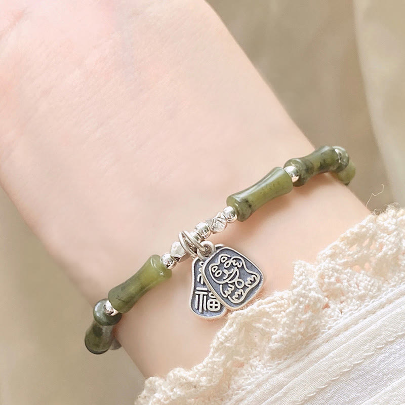 Pulsera de plata de ley 925 con Buddha Stones , bambú, jade, gato de la suerte, carácter Fu, suerte y abundancia - image 13