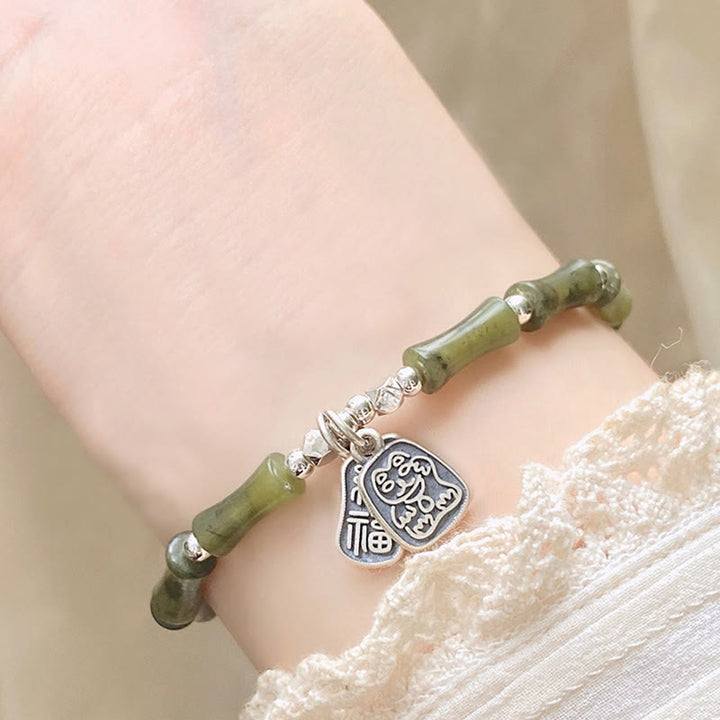 Pulsera de plata de ley 925 con Buddha Stones , bambú, jade, gato de la suerte, carácter Fu, suerte y abundancia - image 13
