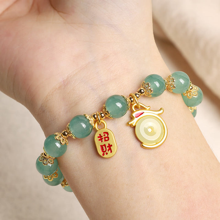 Buddha Stones Año del Dragón Ágata Roja Aventurina Verde Hebilla de la Paz Personaje Fu Pulsera de la Fortuna de la Suerte
